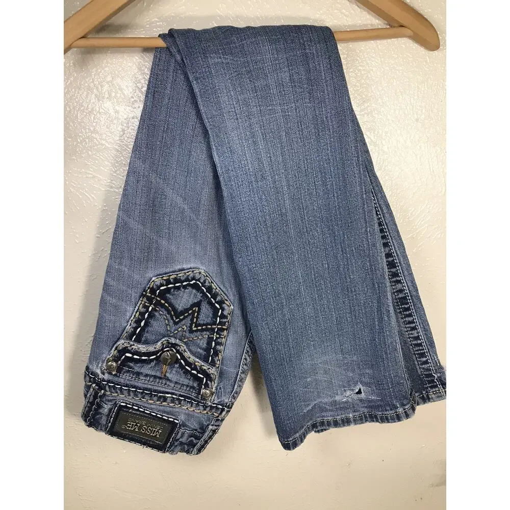Miss Me Jeans Womens Blue Irene Boot Low Rise Stretch Denim Embroidered Sz 26x33